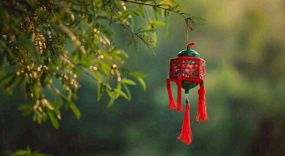 端午节树枝上挂着香囊艾叶香包祈福摄影图