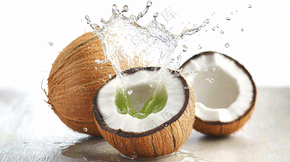 椰子汁飞溅新鲜果汁摄影图