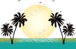 椰树海鸟与海上日出等免抠