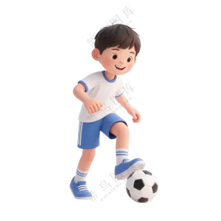 蓝+白色纯净3D风格踢足球的男孩免抠PNG素材