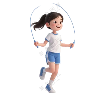蓝+白色纯净3D风格跳绳的女孩免抠PNG素材