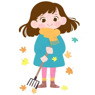 卡通风秋季拿扫把扫落叶可爱女孩儿童教育插画