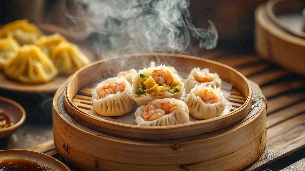 虾仁烧麦早点早餐美食摄影图