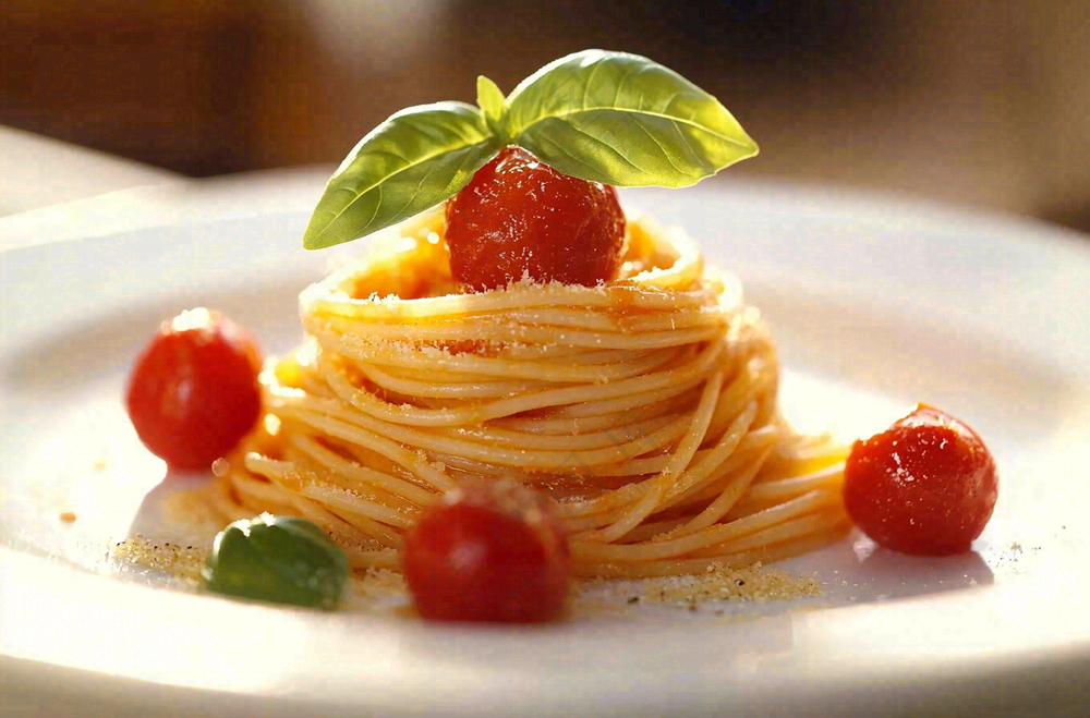 美味的意大利面番茄奶油意面罗勒叶美食摄影图