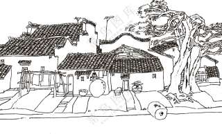 黑白手绘线稿房子大树PNG图片素材