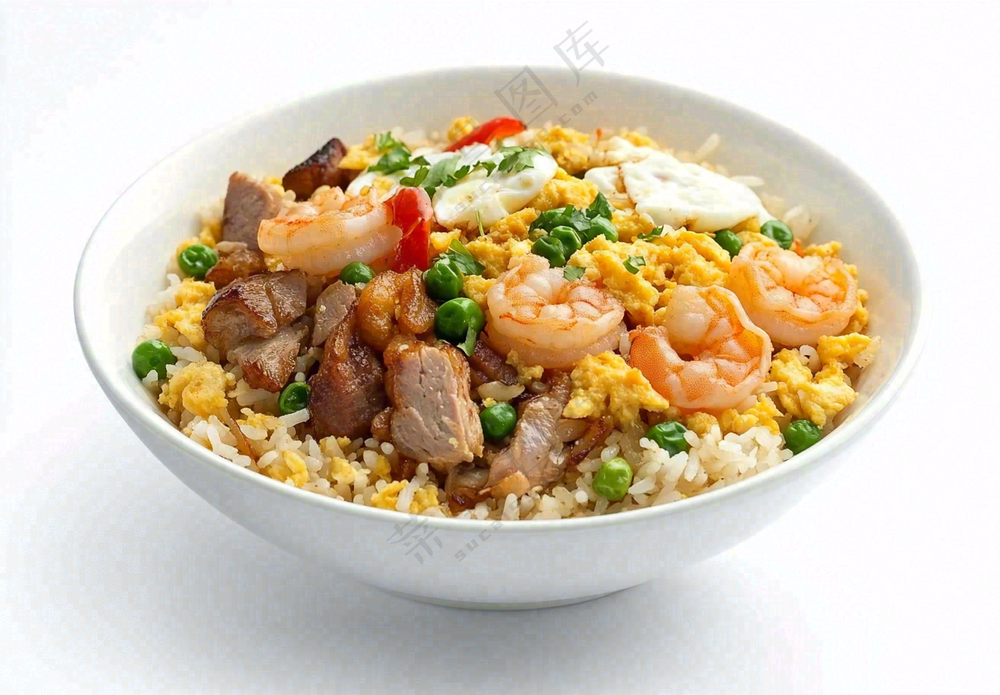 虾仁时蔬炒饭蘑菇美食摄影图