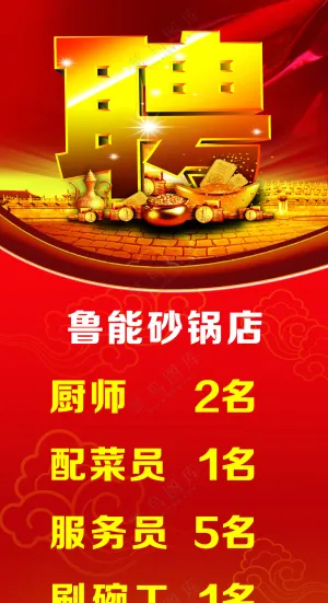 鲁能砂锅店 招聘 聘 金色 红色 红色背景 元宝 金元宝