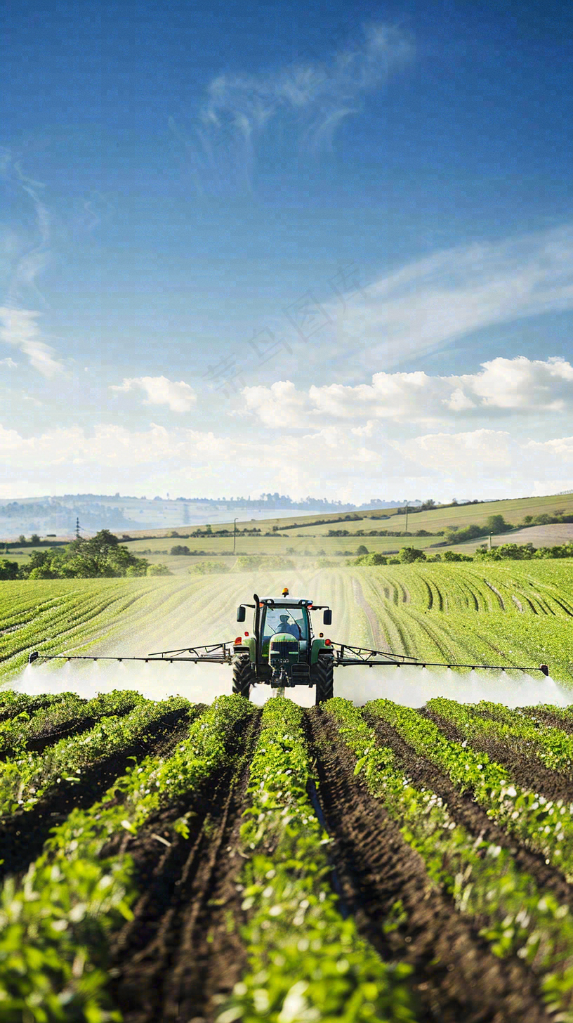 农田庄稼里耕种的机器农忙劳动节摄影图