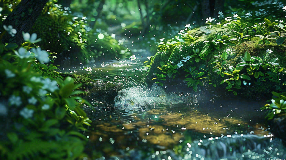 山涧溪流夏日清凉解暑苔藓植物小花立夏夏至摄影图