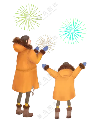 大人小孩绽放的烟花