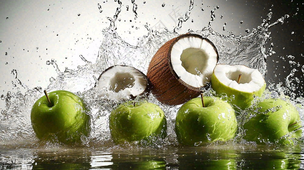椰子汁飞溅新鲜果汁摄影图