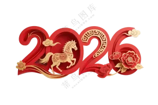 字体设计：2026将红色数字 中加入马元素和中国传统吉祥图案，