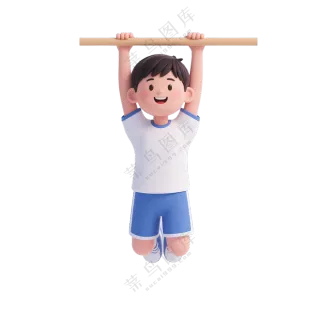 蓝+白色纯净3D风格引体向上的男孩免抠PNG素材