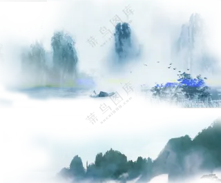 高山飞鸟与渔翁小船水墨画免抠图片