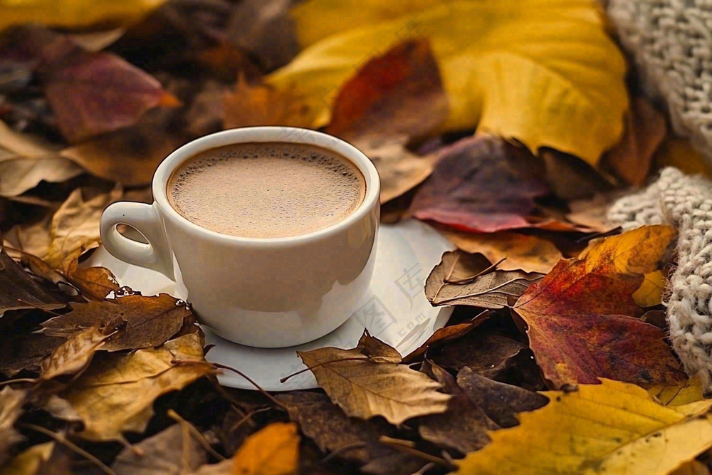 秋天下午茶咖啡落叶毛衣摄影图