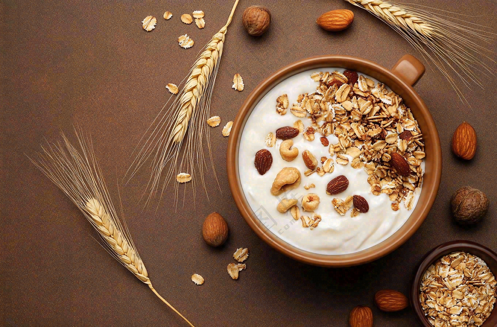 坚果燕麦酸奶饮品食物摄影图