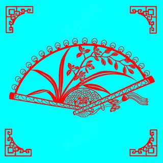 红色简约兰花扇形剪纸