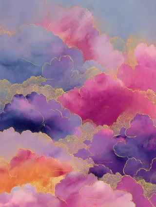 祥云背景元素，蓝紫色国风鎏金