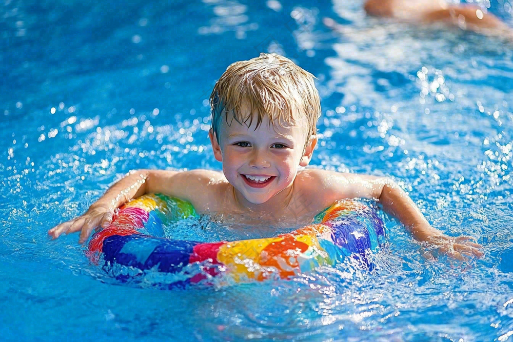在游泳池玩水的儿童男孩游泳圈摄影图