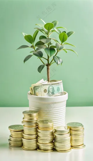 绿色盆栽植物钱币纸币