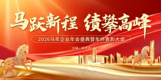 马跃新程绩攀高峰企业年会背景板喜庆海报