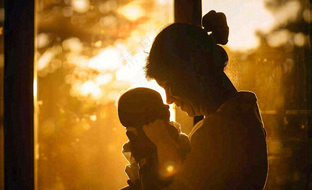 母亲节晚霞光辉妈妈抱着孩子摄影图