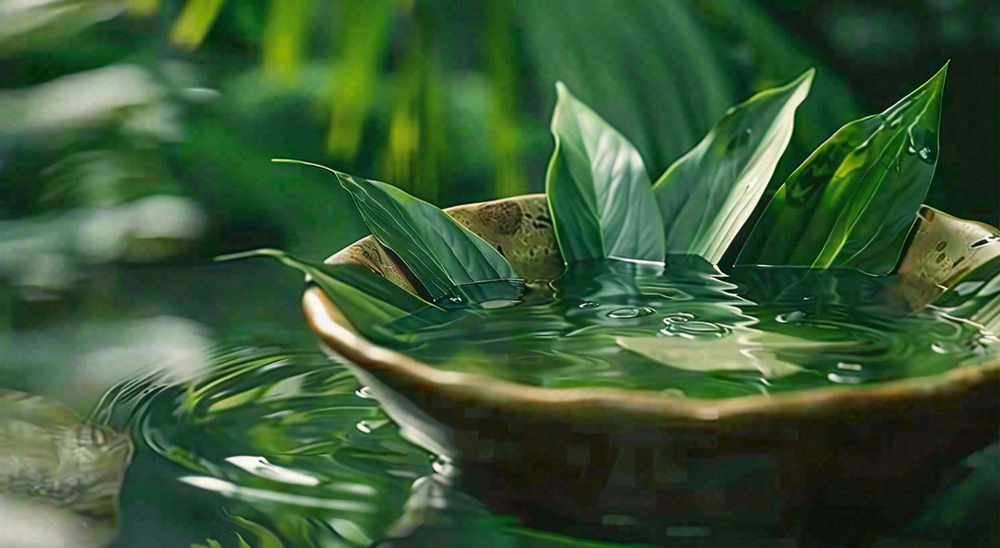 端午节浸泡的绿叶粽叶清新摄影图