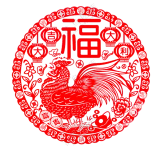 大吉大利公鸡图案福字剪纸PNG素材