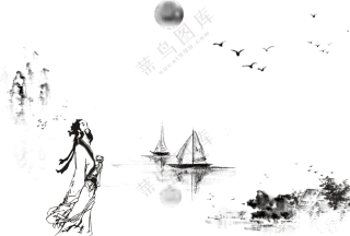 古人与小船山水中国风绘画图片素材