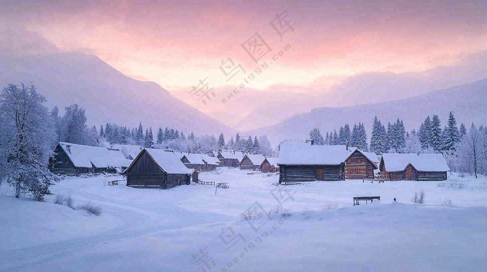 雪山下的村庄晚霞风景雪景摄影图
