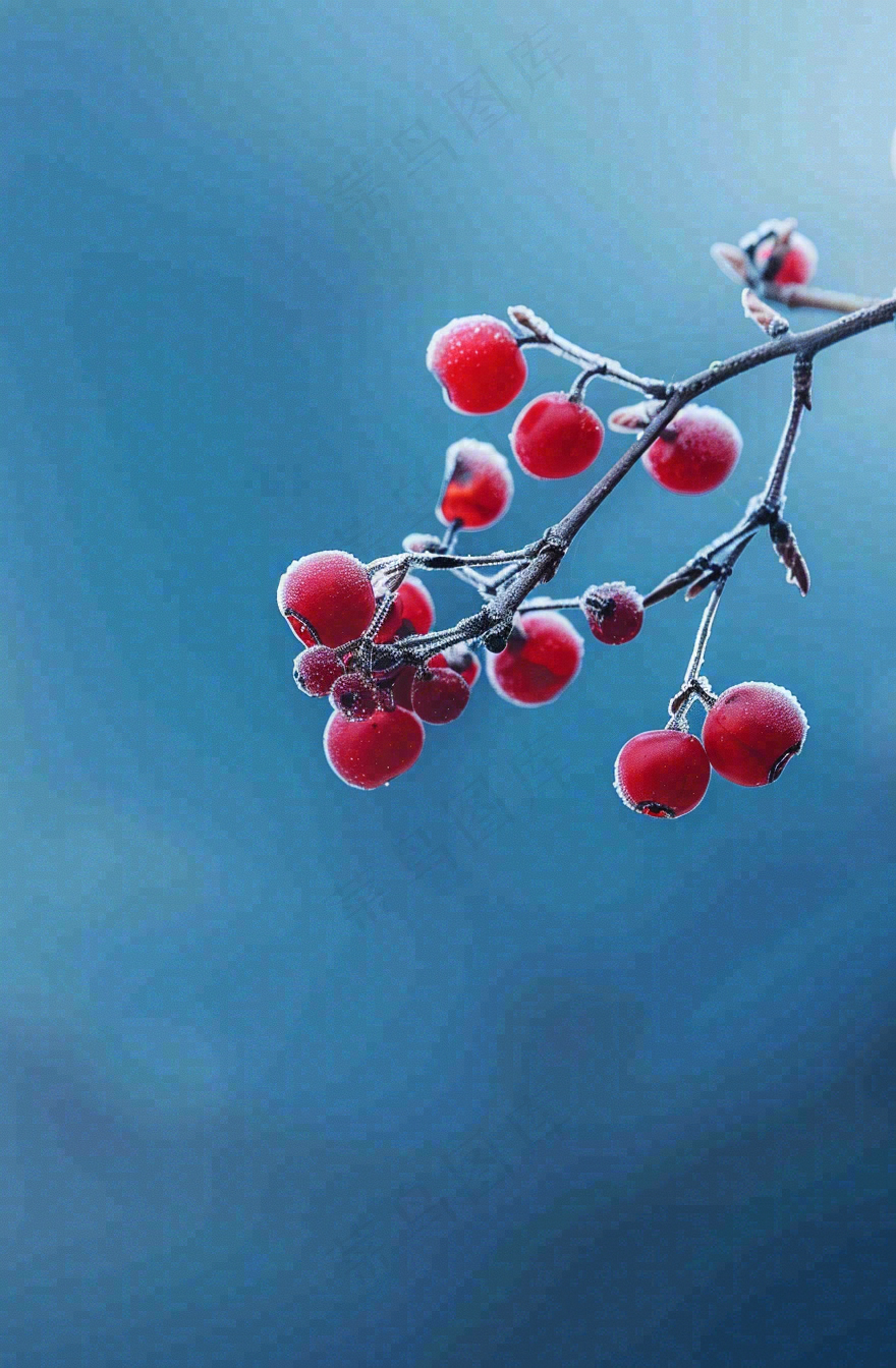 冬天白霜覆盖的红色覆盆子寒冷霜降摄影图