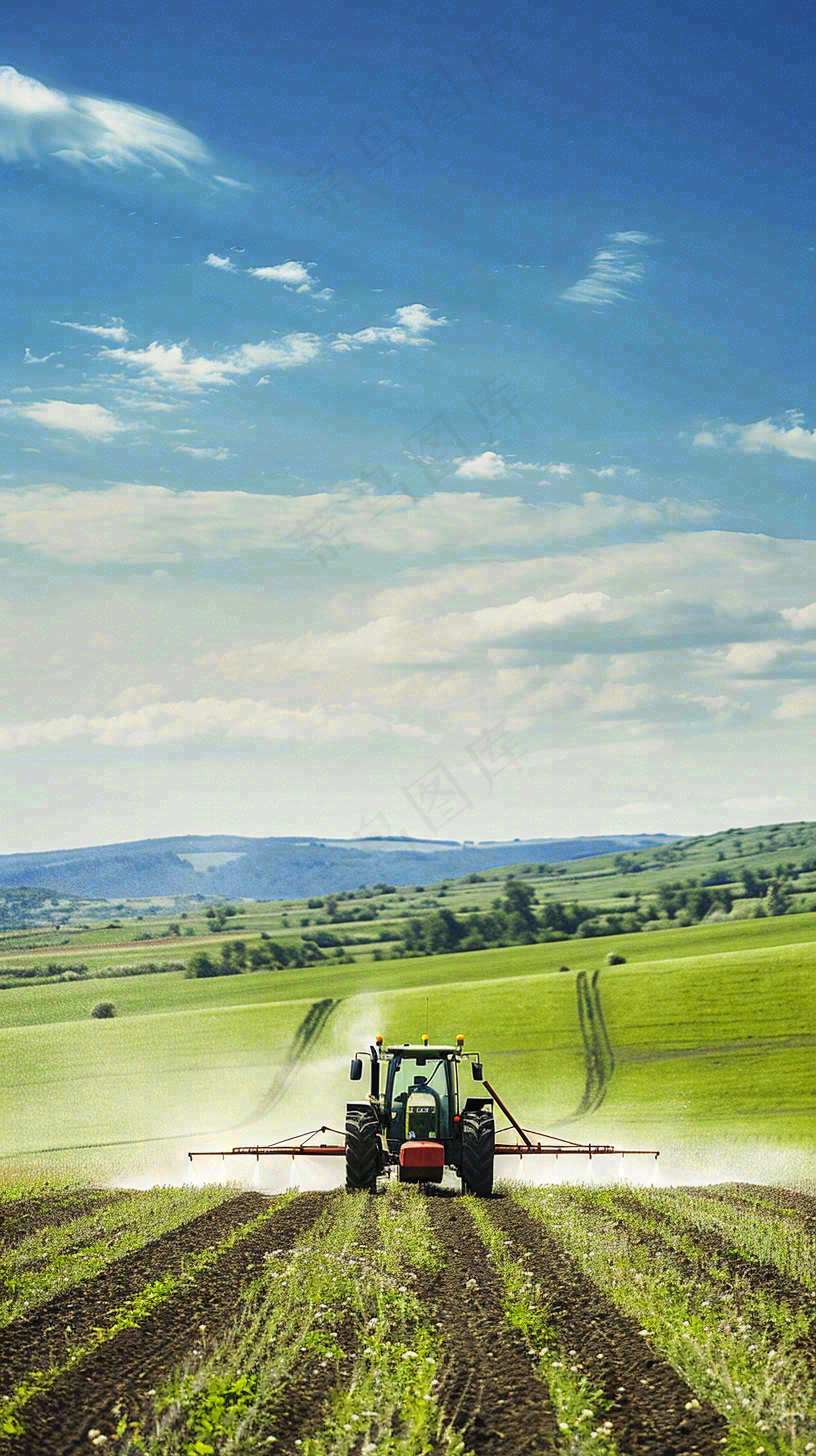 农田庄稼里耕种的机器农忙劳动节摄影图