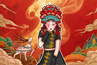 国潮中国风戏曲美女红色喜庆背景