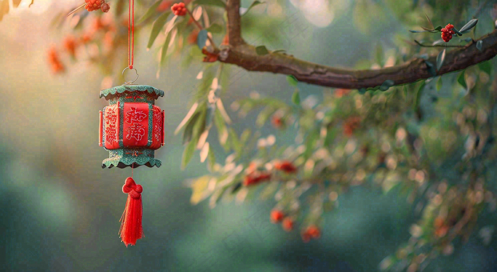 端午节树枝上挂着香囊艾叶香包祈福摄影图