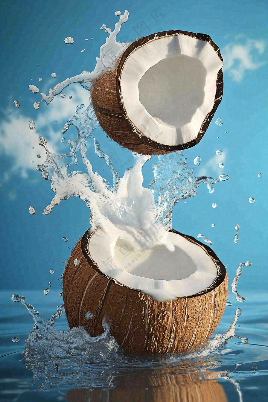 椰子汁飞溅新鲜果汁摄影图