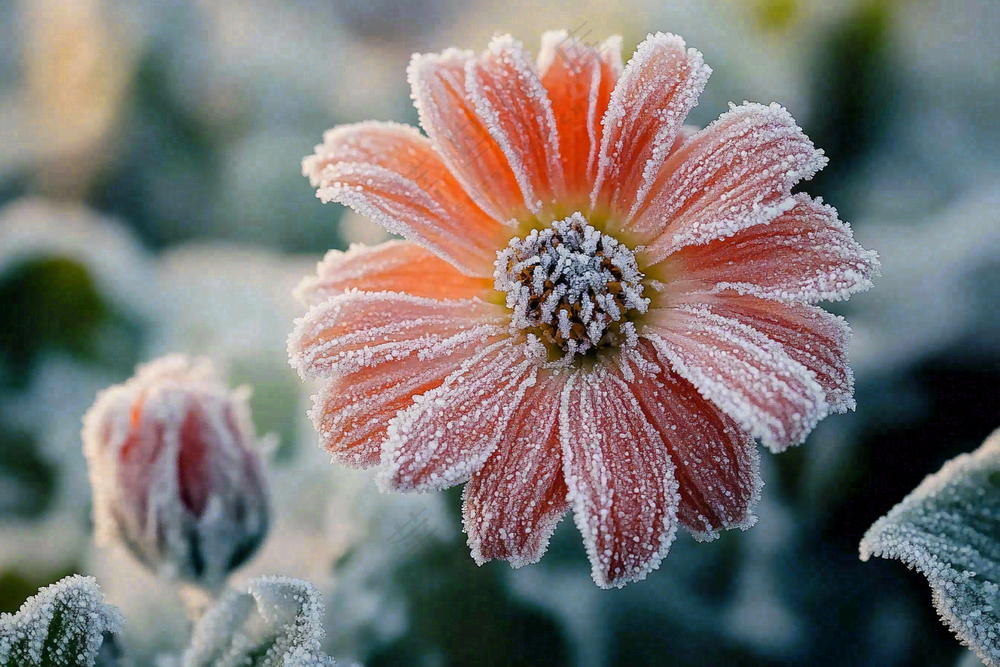 秋冬寒冷植物花朵上的白霜霜降摄影图