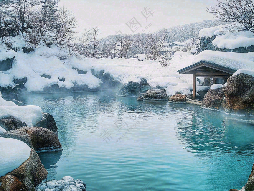 户外天然温泉汤浴秋冬摄影图