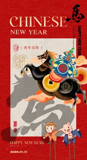 马到成功新年快乐红色中国风海报