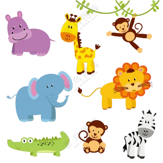 斑马猴子与鳄鱼等卡通形象免抠图片