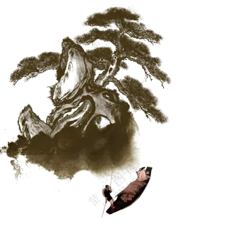 松树山石与泛舟的古人免抠图片素材