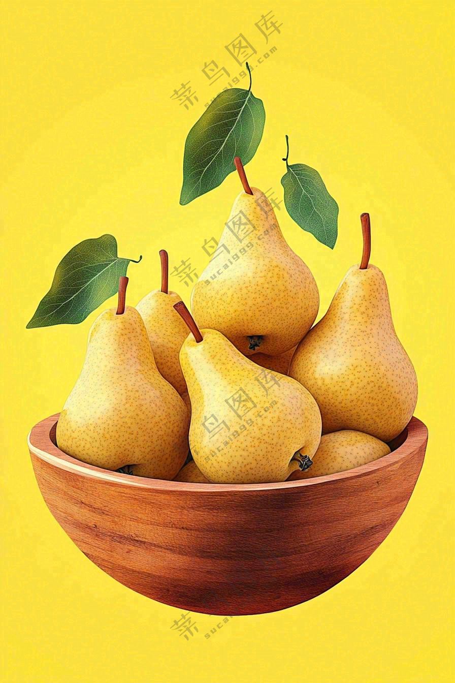 新鲜水果梨子木碗黄色背景摄影图