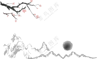 群山与粉色花枝中国风元素免抠图片