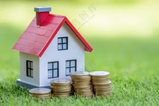 绿色草地房子模型和钱币图片