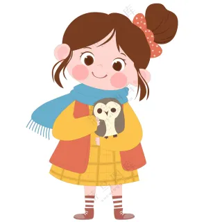 卡通风秋天抱着猫头鹰的可爱女孩儿童教育插画