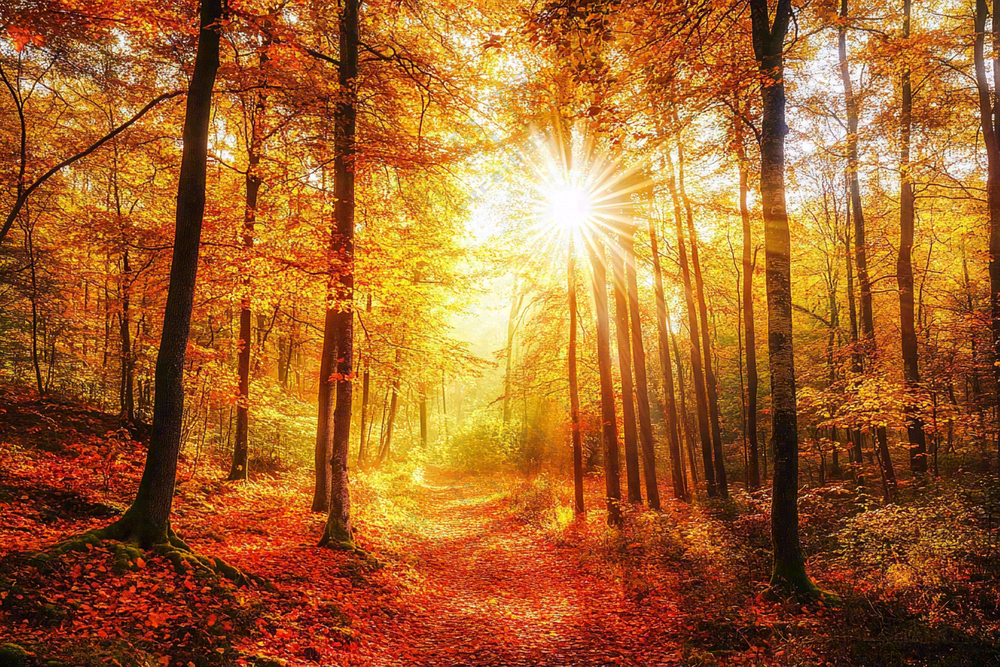 秋天金黄森林里的阳光温暖风景摄影图