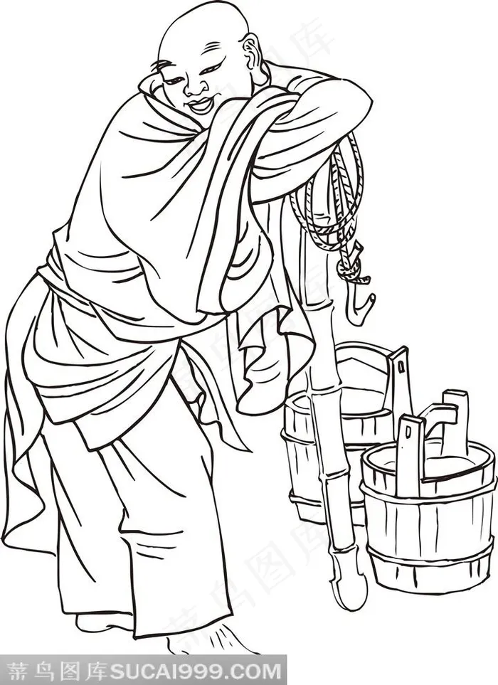 提水干活的僧人罗汉线描矢量PNG绘画图片