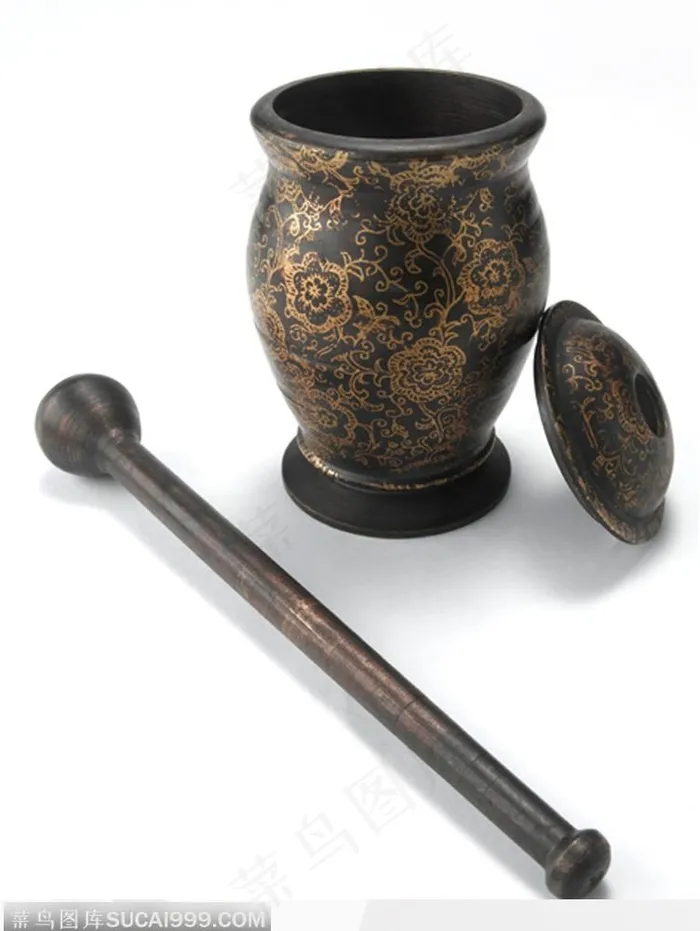 中国传统工艺品-镀金花纹捣药器具 青铜器 研磨