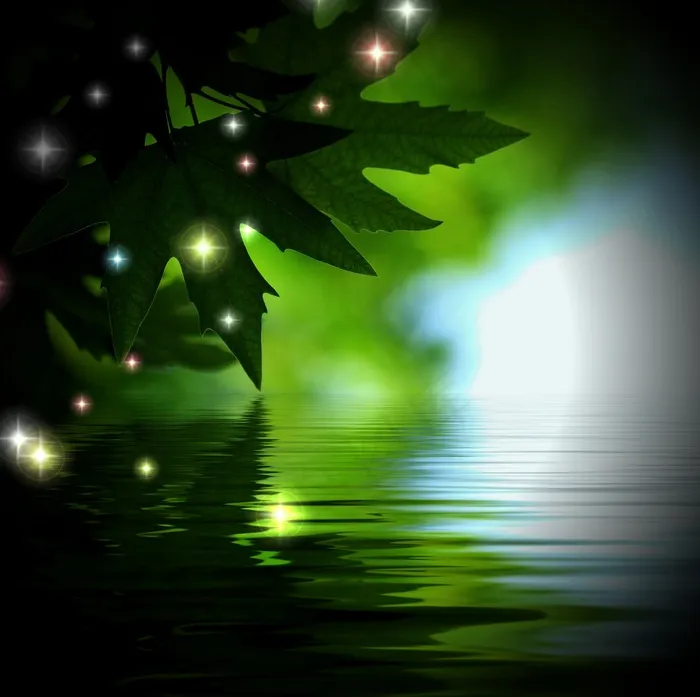 平静湖水绿叶背景图片