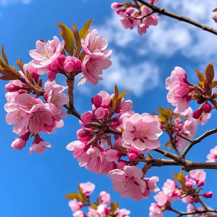 蓝天映衬着粉红色花朵的树枝的图片浪漫主义樱花树摄影图