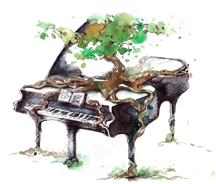 钢琴上的古树水彩画高清图片